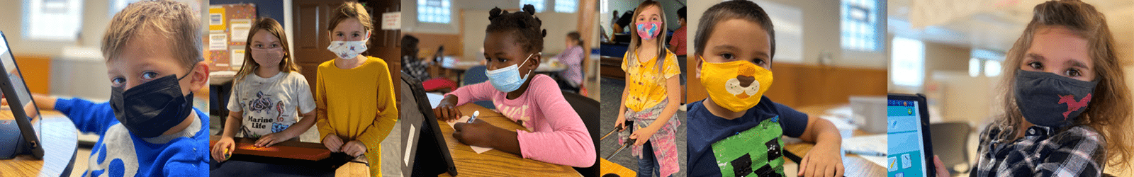Multiple pictures of kids in school wearing face masks