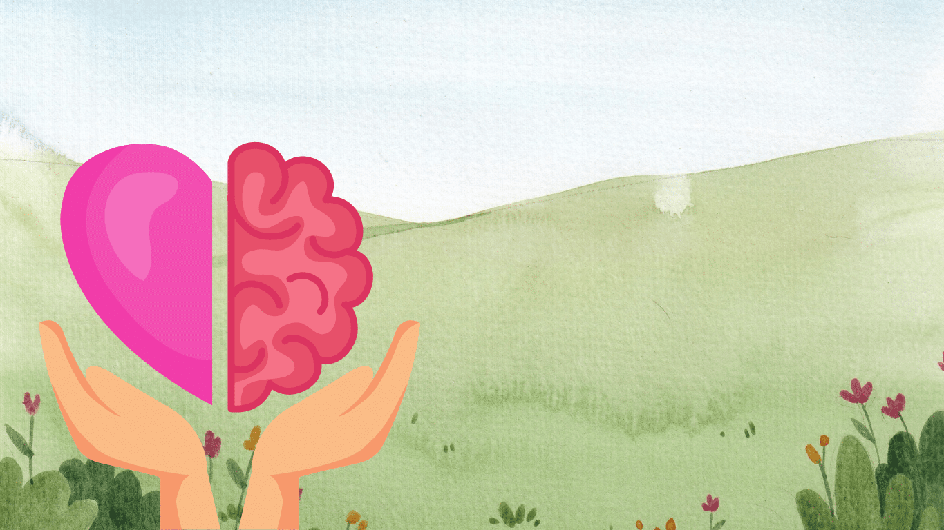 hands holding up a left half of a hear with a right half of a brain together in the shape of a heart on a rolling green hills background